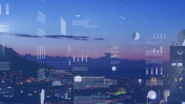 İstatistiksel veri işleme animasyonunun gece şehir manzarasının havadan görüntüsü ile karşılaştırılması. Bilgisayar arayüzü ve iş teknolojisi kavramı