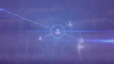 Mavi arkaplan üzerinde profil simgelerinin ve ışık izlerinin animasyonu. Küresel ağ ve iş teknolojisi kavramı
