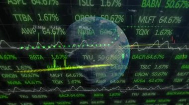 Finansal ve borsa veri işleme animasyonunun dünya genelinde kara arka planla karşılaştırılması. Küresel ekonomi ve iş teknolojisi kavramı