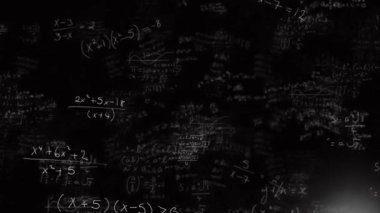 Matematiksel denklemler ve formüller üzerinde siyah arkaplana karşı yüzen ışık noktaları animasyonu. Okul ve eğitim kavramı