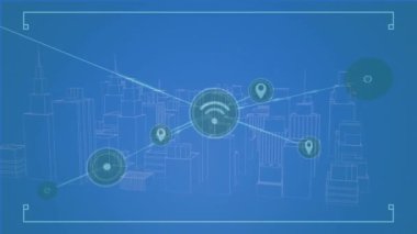 Şehir manzarası üzerinden veri işleme ağı ile bağlantıların animasyonu. Küresel ağlar, işletmeler, finans ve veri işleme kavramı dijital olarak oluşturulmuş video.