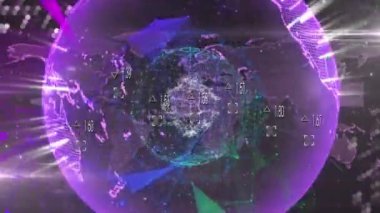 Dönen dünya ve dünya haritası üzerinde ışık izlerinin ve pleksus ağlarının animasyonu. Küresel ağ ve iş teknolojisi kavramı