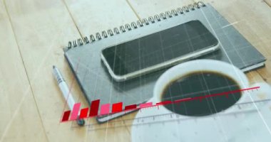 Akıllı telefon, günlük ve kahve fincanının ahşap masadaki istatistiksel veri işleme animasyonu. İş veri teknolojisi kavramı