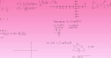 Pembe gradyan zemine karşı yüzen matematiksel denklemlerin ve formüllerin animasyonu. Okul ve eğitim kavramı