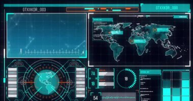 Mavi arka planda dönen küre, dünya haritası ve veri işleme arayüzünün animasyonu. Bilgisayar arayüzü ve iş veri teknolojisi kavramı