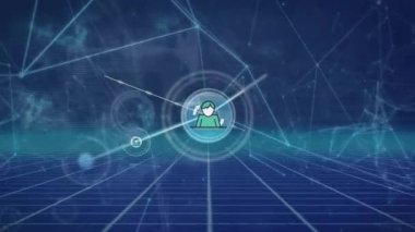 Mavi arkaplan ile ızgara ağı üzerinden bağlantı ağı ve profil simgelerinin canlandırılması. Küresel ağ ve iş teknolojisi kavramı