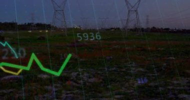 Ağ kulelerine karşı çoklu değişen numaraların animasyonu ve istatistiksel veri işleme. Küresel ağ ve iş veri teknolojisi kavramı