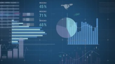 Mavi arkaplan ile ızgara ağı üzerinden istatistiksel veri işleme animasyonu. Bilgisayar arayüzü ve iş veri teknolojisi kavramı