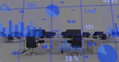 Boş ofise karşı şebeke üzerinden istatistiksel veri işleme animasyonu. İş veri teknolojisi kavramı