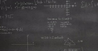 Dokulu gri arkaplana karşı yüzen matematiksel denklemlerin ve formüllerin animasyonu. Okul ve eğitim kavramı