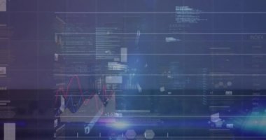 İstatistiksel veri işleme animasyonu ve şehir manzarasının havadan görüntüsüne karşı mavi ışık noktası. Bilgisayar arayüzü ve iş veri teknolojisi kavramı