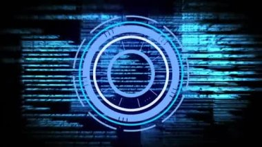 Animation of neon round scanner and data processing against blue background. Computer interface and business technology concept