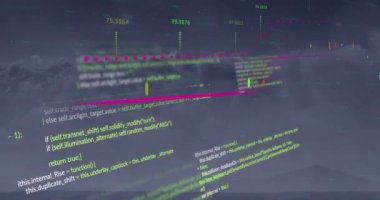 Gökteki kara bulutlara karşı finansal veri işleme animasyonu. Küresel finans ve iş teknolojisi kavramı