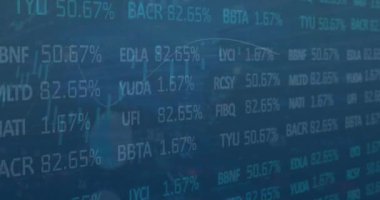 Animation of statistical and stock market data processing against blue background. Global economy and business data technology concept