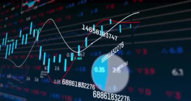 Değişen numaraların animasyonu, mavi arka planda istatistiksel ve borsa veri işleme. Küresel ekonomi ve iş teknolojisi kavramı