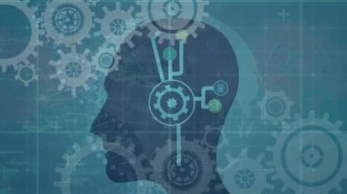 Simgeleri döndürme ve dijital simge ağını insan kafası modeli üzerine kurma animasyonu. Tıbbi araştırma ve bilim teknolojisi kavramı