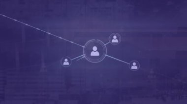 Animation of network of profile icons against blue background. Global networking and business technology concept