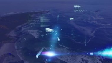 Kayalara çarpan deniz dalgalarına karşı istatistiksel veri işleme ve ışık noktaları animasyonu. Bilgisayar arayüzü ve iş veri teknolojisi kavramı