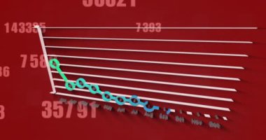 Kırmızı zemin üzerinde çoklu değişen sayılar ve istatistiksel veri işleme animasyonu. Bilgisayar arayüzü ve iş veri teknolojisi kavramı