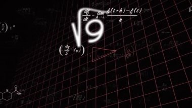 Matematiksel denklemlerin ve formüllerin animasyonu şebeke ağının üzerinde siyah arkaplana karşı yüzüyor. Okul ve eğitim kavramı