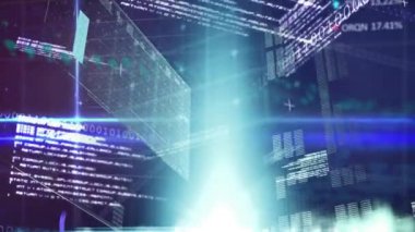 Mavi arka plandaki ışık noktalarının üzerinden geçen istatistiksel ve borsa verilerinin animasyonu. Küresel ekonomi ve iş veri teknolojisi kavramı