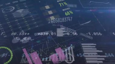 Animation of multiple changing numbers and statistical data processing against blue background. Computer interface and business data technology concept
