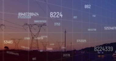 Ağ kulelerine karşı çoklu değişen numaraların animasyonu ve istatistiksel veri işleme. Küresel ağ ve iş veri teknolojisi kavramı
