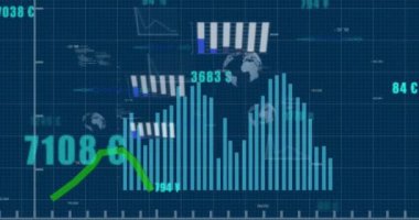 Mavi arkaplan ile ızgara ağı üzerinden istatistiksel veri işleme animasyonu. Bilgisayar arayüzü ve iş veri teknolojisi kavramı