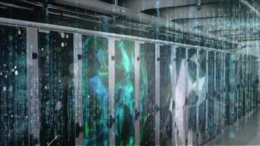 Bilgisayar sunucu odasına karşı veri işleme ve pleksus ağlarının animasyonu. Küresel ağ ve iş veri depolama teknolojisi kavramı