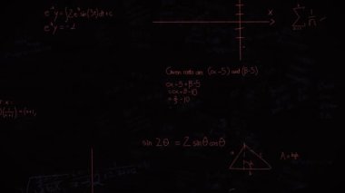 Matematiksel denklemlerin animasyonu, formüller ve simgeler siyah arkaplana karşı yüzüyor. Okul ve eğitim kavramı