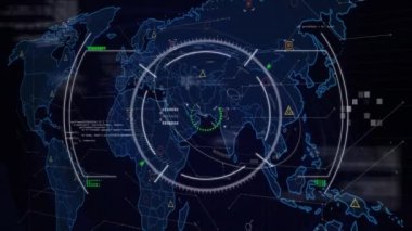 Yuvarlak tarayıcı, dünya haritası ve veri işleme alanının animasyonu. Bilgisayar arayüzü ve iş teknolojisi kavramı