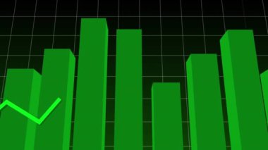 Siyah arkaplana karşı ızgara ağı üzerinden istatistiksel veri işleme animasyonu. Bilgisayar arayüzü ve iş veri teknolojisi kavramı
