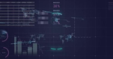 Mavi arkaplanla istatistiksel veri işleme üzerine neon dairesel şekillerin animasyonu. Bilgisayar arayüzü ve iş veri teknolojisi kavramı