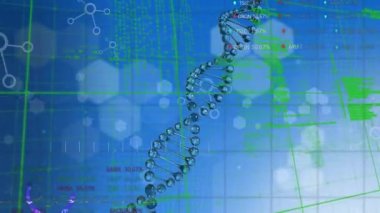DNA ve kimyasal yapıların mavi arkaplandaki veri işleme üzerindeki animasyonu. Tıbbi araştırma ve bilim teknolojisi kavramı