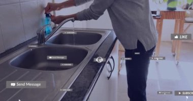 Kafkasyalı kadınların ellerini yıkaması üzerine yazılı metinler olan sosyal medya simgelerinin canlandırılması. Yaşam tarzı, iletişim, sosyal medya ve dijital arayüz konsepti dijital olarak oluşturulmuş video.