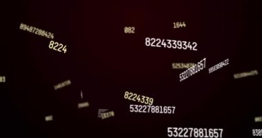 Çoklu değişen numaraların animasyonu ve kara arkaplana karşı veri işleme. Bilgisayar arayüzü ve iş teknolojisi kavramı