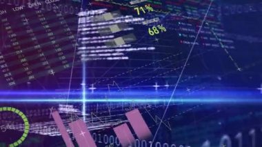 Mavi arka plandaki ışık yollarına karşı istatistiksel ve borsa veri işleme animasyonları. Küresel ekonomi ve iş veri teknolojisi kavramı