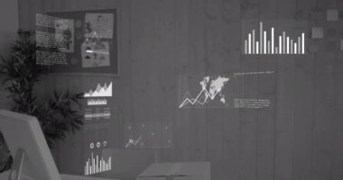 Ofis masasına karşı istatistiksel veri işleme animasyonu. Bilgisayar arayüzü ve iş veri teknolojisi kavramı