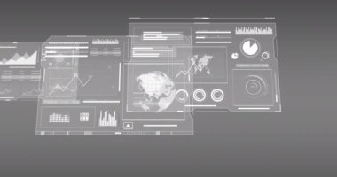 Gri arkaplan ile veri işleme arayüzünün animasyonu. Bilgisayar arayüzü ve iş veri teknolojisi kavramı