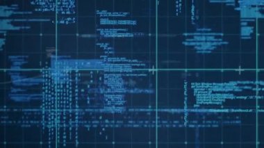 Animation of data processing over grid network against blue background. Computer interface and business technology concept