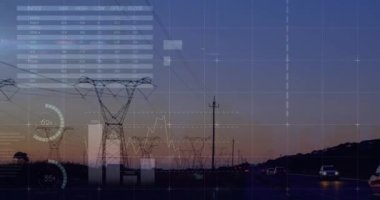 Animation of statistical data processing over network towers against sunset sky. Global networking and business data technology concept