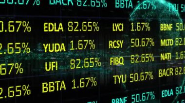 Borsa veri işleme animasyonunun kara arka planda bir dünya üzerinde işlenmesi. Küresel ekonomi ve iş teknolojisi kavramı