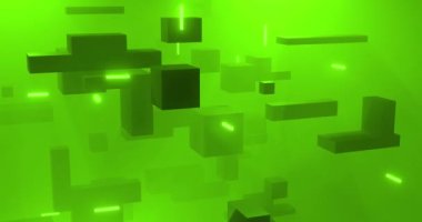 Küplerin üzerinden yeşil arka planda hareket eden parlayan ışık izlerinin animasyonu. Desen, ışık ve hareket kavramı dijital olarak oluşturulmuş video.