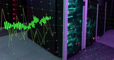Animation of data processing against computer server room. Computer interface and business data storage technology concept