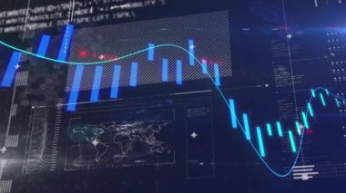 Animation of interface with data processing against blue background. Computer interface and business technology concept