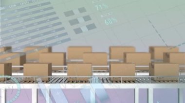 İstatistiksel veri işleme ve taşıma bandındaki iletim kutularının gradyan arkaplandaki animasyonu. Küresel ağ ve lojistik iş teknolojisi kavramı