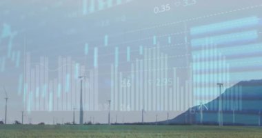 Rüzgar türbinleri üzerinde finansal veri işleme animasyonu. Küresel rüzgar enerjisi, çevre, iş, hesaplama ve veri işleme kavramı dijital olarak oluşturulmuş video.