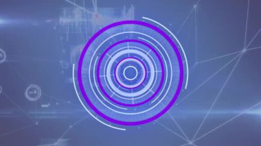 Neon yuvarlak tarayıcının animasyonu, bağlantı ağı ve mavi arkaplan üzerinde veri işleme. Bilgisayar arayüzü ve iş teknolojisi kavramı
