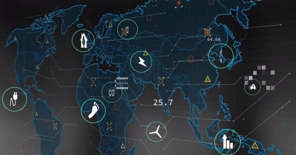 Gri Arkaplan Ile Dünya Haritasında Dijital Simgelerin Veri Işlemenin Animasyonu — Stok video