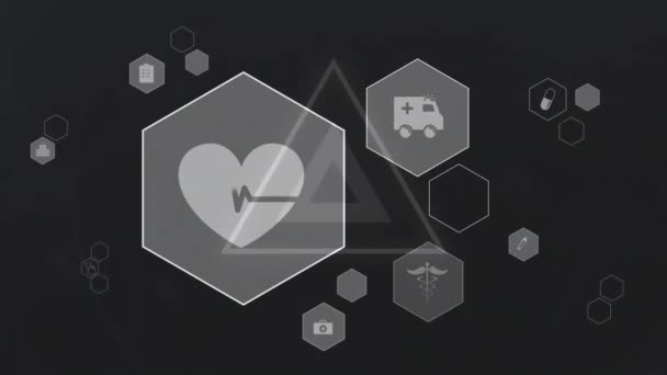 Анимация Нескольких Медицинских Икон Абстрактной Геометрической Форме Пульсирующей Черном Фоне — стоковое видео